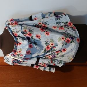 Large off the shoulder ruffle blue floral shirt with bow bell sleeves